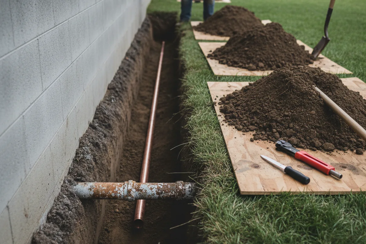 Excavated water line trench during Water Softener Installation in Imperial